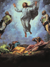 The Transfiguration of Our Lord in front of Peter, James and John between Moses and Elijah. 